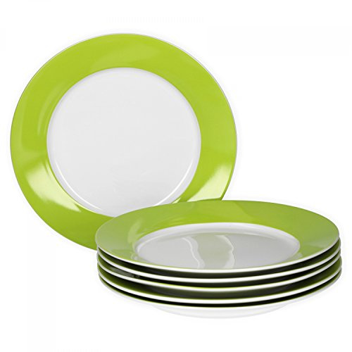 van Well Vario Frühstücksteller-Set 6-teilig für 6 Personen - Kuchen-Teller mit Ø 20cm - Porzellan weiß mit Rand in Grün - Dessert-Teller mikrowellengeeignet