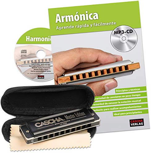 CASCHA Mundharmonika Lern-Set inklusive hochwertiger Harmonika in C-Dur diatonisch, Spanischer Einsteiger Schule, Case und Pflegetuch, ideal für Anfänger und Erwachsene