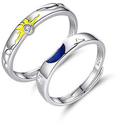 AMDXD 925 Silber Verlobungsringe, 2 Pcs Paar Ringe, 4MM/ 3MM Partnerringe, Sterlingsilber Trauringe, Mood für Herren, Sonne für Damen, Offene Ringe, Verstellbar, Anti-Allergie (Preis nur für 2)