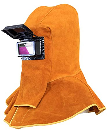 Cowhide Leather Welder Hood Welding Helmet Protective Gear Mask Work Cap with Neck Shoulder Drape,Solar Auto Darkening Filter Lens