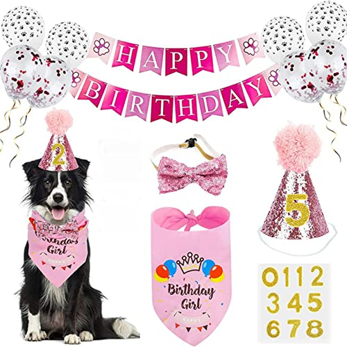 XKUN Hundehalstuch Haustier Geburtstag Hut Speichel Handtuch Hund Ziehen Flagge Bib Fliege Ballon Set Hund Party Dekoration Set-Pink