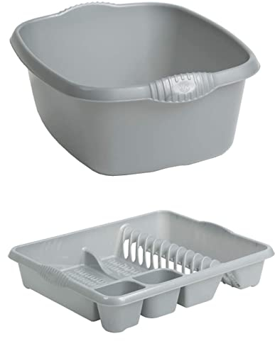 Homey Mart Large Dish Drainer and Rectangular Washing Up Bowl Plastic Home/Office/Kitchen Silver/Grey - Set of 2