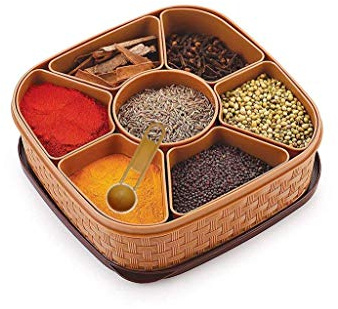 Nobel Plastic Square Masala Dabba,Spices,Rangoli Box Set including spoon- 7 Sections