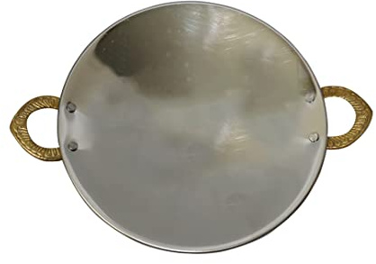 BRACOP Copper Serving Tava with Decorative Brass Handles Round Platter Kitchen Utensil Stainless Steel Serving Tray Cooking Tools Kitchen Accessories Housewarming Gifts for Kitchen