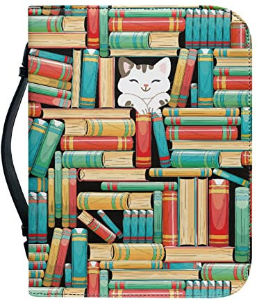 Kuiaobaty Bücherhülle mit gemustertem Griff, Kunstleder, Buchhülle für Neuheiten, Lehrbuch, Cartoon-Katzen-Reißverschluss, Buch-Schutzhüllen für Kinder