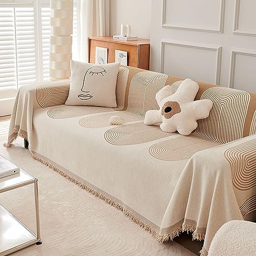 Mesnt Sofabezug 4 Sitzer Big Sofa, Chenille Sofaüberwurf Decke Couch mit Streifen-Kreis-Muster mit kurzer Quaste Khaki, 180x420CM