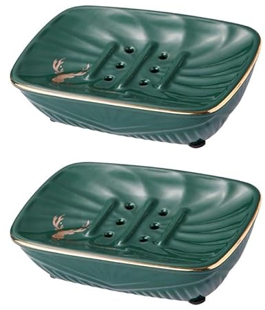 PBENO Soap Holder 2-Piece Set of Simple Ceramic Soap Box Double-Layer Drain Storage Box Home Bathroom Washstand Soap Box for Bathroom & Kitchen (Color : Green, Size : 15cm*10cm*3.5cm)