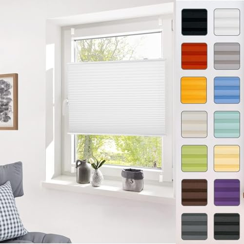 Klemmfix Plissee Ohne Bohren 55 x 60 cm Blickdicht Sichtschutz Sonnenschutz Fenster Plissee Klemmfix Jalousie, Inkl Aller Montage-Teile, für Fenster & Tür, Weiß