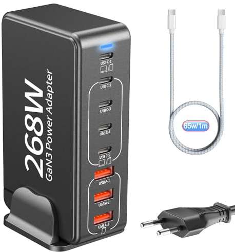 Ablink Caricatore USB C Multiplo 268W, GaN III 8-Port USB-C/A PD 100W PPS&QC4.0 Stazione di Ricarica Type C Multipla Compatta per iPhone 16/15, MacBook, Samsung, iPad, Viaggi e Casa