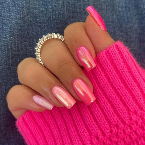 24pcs Medium Length Square False Nails Aurora Hot Pink Stick on Nails Metallic Press on Nail Removable Full Cover Glue-on Fake Nail Art Accessories for Women