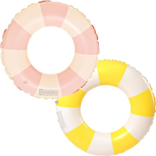 Uppblåsbar simring, uppblåsbar simring för vuxna, vintage randiga uppblåsbara munkar, för vuxna barn flottör (rosa och gul)