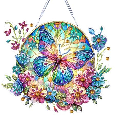 Generisch Blumen Schmetterling Diamond Painting Anhänger Doppelseitig mit Kette 5D Diamant Painting Girlande Fensterbilder Sonnenfänger Türkranz Kits für Fenster Wand Und Eingang Decor