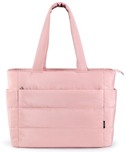 KALIDI quiltad tygväska, carryall puffer axelväska vadderad resa stor anti-stänk dragkedja vardaglig arbete gym dam, grå rosa, X-Large