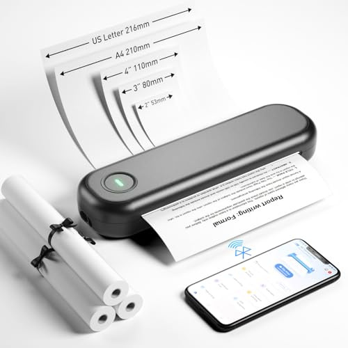 Bisofice L86 - Stampante Portatile A4, Stampante Termica 300DPI Senza Inchiostro, Bluetooth per Android/iOS, USB per Mac/Windows, Adatto Ufficio Viaggi, Studio, Casa, con 3 Rotoli Carta, Nero