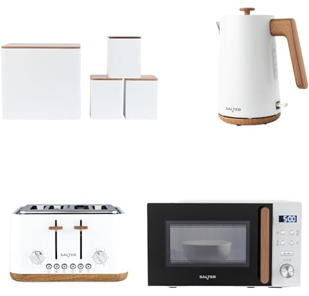 Salter Toronto Kettle, Toaster, Microwave & Canister Set – Countertop, Tea/Coffee/Sugar & Bread Bin, 1.7L Fast Boil Kettle, 4-Slice Wide Slot Toaster, 20 L Digital Microwave, 25.5cm Turntable, White
