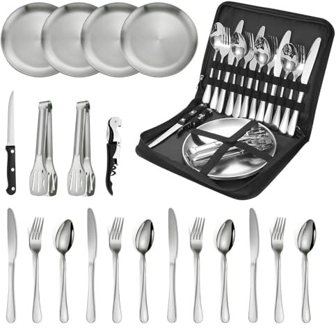 HDKAJL Vaisselle Camping 4 Personnes, Jeu de Vaisselle 20 Pièces en Acier Inoxydable avec Assiettes, Fourchettes, Pinces à Steak, Tire-bouchon et Sac à Porter pour Camping, Pique-nique, Barbecue