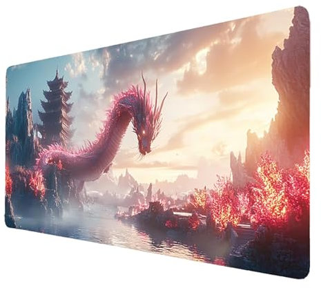 Red Mouse Mat, Waterproof Gaming Mouse Pad 40 x 20 Keyboard Desk Mat large Dragon, Stitched Edges Non-Slip Rubber Base Mousepad xxL, for Desktop Pc Laptop Office Home Gifts for Men Desk Decor 9886