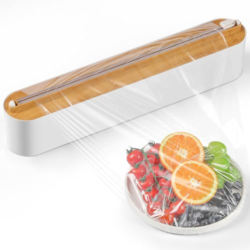 Quasziwa Frischhaltefolienspender - Magnetisch & Wandmontage Ohne Bohren, Verbessert Folienspender Schublade für Küche - Saubere Schnitte, Folienschneider Mit 50m Frischhaltefolie, Bambus-Stil