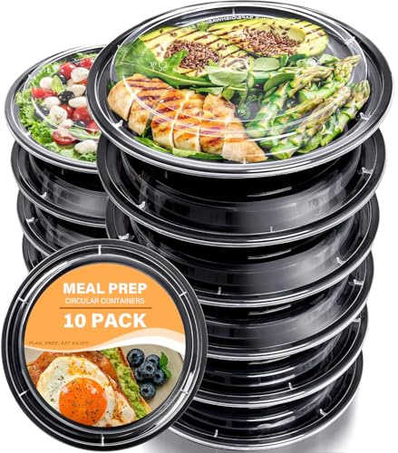 hjwanyin 10 Pack 24 oz Round Plastic Meal Prep Containers - Reusable BPA Free Food Containers with Airtight Lids - Microwavable, Freezer and Dishwasher Safe - Ideal Stackable Salad Bowls
