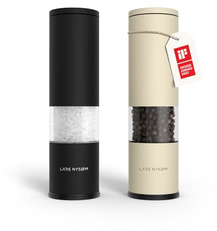 LARS NYSØM Salt- och pepparkvarn 2-pack Manuell med justerbar keramisk malverk från grov till fin I Design kryddkvarnset (2 stycken) (Black/Beige)