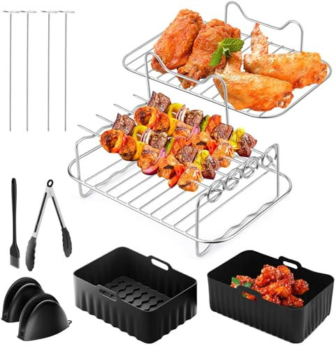 Heißluftfritteuse Zubehör,Heißluftfritteuse Grillrost und Dämpfen Rack, 2 Stück Gitter für Heißluftfritteuse Grillrost, 7in Airfryer Zubehör, Wiederverwendbar Air Fryer Rack Set (Mit Backblech)