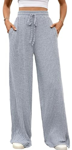 Sangdut Rippenstrick Hosen Damen, Palazzo Lounge Hose Herbst Weites Bein Hohe Taille Freizeithose Einfarbig Stoffhose mit Taschen (XL, Graublau)
