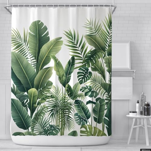 Duschvorhang 180 × 200 cm - Grün Blätter Pflanzen Shower Curtain Badevorhang Polyester Textil Vorhang Anti-Schimmel Wasserdichter Schnelltrocknend Waschbar für Badewanne mit 12 Duschvorhangringe