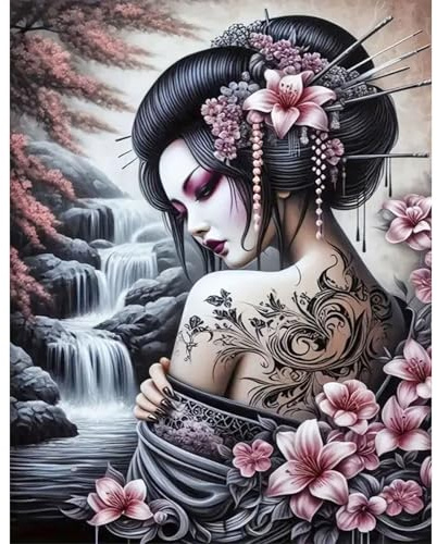 GLIDIAM 40x50cm Diamond Painting Japan Geisha, Diamant Malerei Bilder Kirschblüten Frau, DIY Full Drill Basteln Erwachsene, Mosaik Stickerei Kreuzstich Geschenk für Wanddeko Wohnzimmer Schlafzimmer