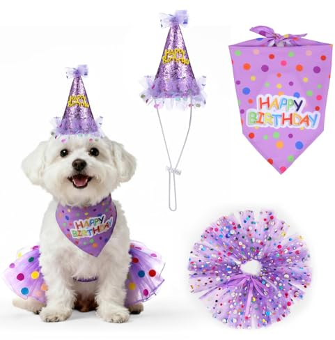 Dog Birthday Hat and Bandana Set, Reusable Dog Party Hat and Dress, Puppy Birthday Party Supplies for Small Medium Dogs Decorations(Purple)