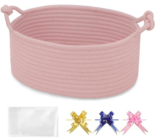 BOSROTY Small Empty Gift Basket with Bag & Ribbons, Dusty Pink | 30.5x20x13cm, Cotton Rope Woven Basket for Birthdays, Baby Showers, Mother's Day, Christmas; Stores Small Items,Kids Pet Toys