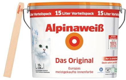 Alpinaweiß Das Original – Weiße Wandfarbe für Innen – inkl. Rührholz – 15 L