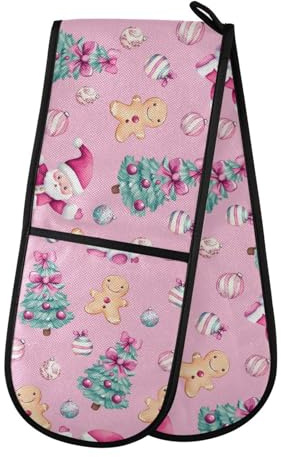 Oven Gloves Double Oven Gloves Pink Christmas Pattern Oven Mitts Pot Holder Heat Resistant Quilted for BBQ Baking Kitchen Cooking Gloves