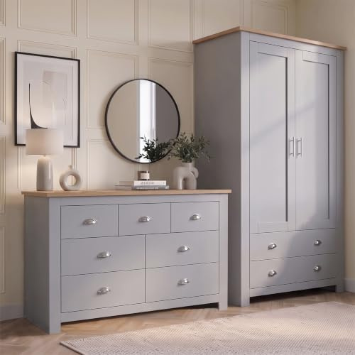Blisswood Bedroom Furniture Set with 2 Door Wardrobe & 4+3 Drawer Chest of Drawers with Stainless Steel Cup Handle Modern Bedroom Set for 2 Piece Bedroom Storage Furniture (Grey & Oak)