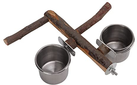 Generic Ensemble de Mangeoire pour Cage à Oiseaux, Bol de Nourriture en Acier Inoxydable de Haute qualité, Support en Bois de Pommier pour Cage à Perroquets, Convient pour à Oiseaux, 3 X Poteaux