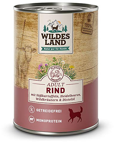 Wildes Land - Nassfutter für Hunde - Nr. 5 Rind - 12 x 400 g - mit Süßkartoffeln, Heidelbeeren, Wildkräutern & Distelöl - Glutenfrei - Extra viel Fleisch - Beste Akzeptanz und Verträglichkeit