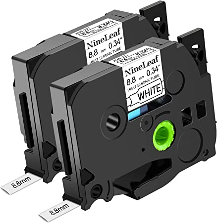 NineLeaf 2 x Kompatibel mit Brother Schrumpfschlauch 8,8mm HSe-221 HSe221 HS-221 Etikettenband Schwarz auf Weiß Schriftband für P-Touch PT-E300 PT-E500 PT-E550W PT-P750WVP Drucker