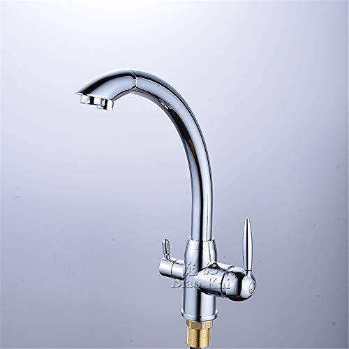 YAWEDA All-Copper Lead-Free Tap 3-Way Cold and Hot Water Mixer with Filter Kitchen Tap Kitchen Sink Tap Water Purification Dual Chrome-Plated Polishing Double Handles