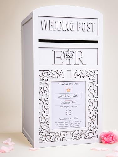 Personalised White Wooden Royal Mail Wedding Card Post Box with Lock & Keys, Large ERII or CRIII Wooden Cards Box, Postbox for Reception, Wedding Card Collection Box