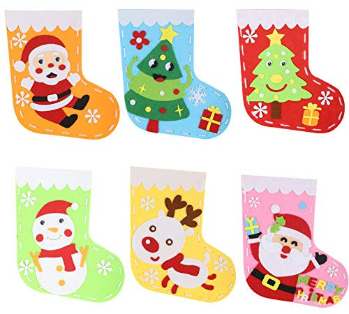 Calcetines Navidad BIGKASI (6PCS) Medias de Navidad con Aplique de Navidad/Costura de Fieltro con Aguja de Plástico, Hilo de Algodón para Niños/Manualidades/Árbol de Navidad/Reno/Santa/Muñeco de Nieve
