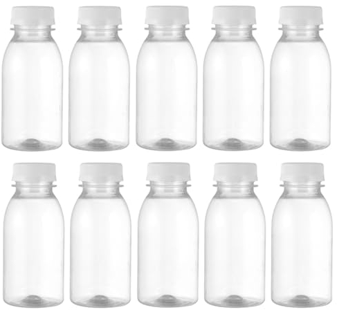 Angoily 10 Pièces Bouteille Plastique 250ml avec Couvercle - Mini Bouteille Transparent - s Vides Réutilisables Petite Jus de Fruit, Smoothies, Lait et Boissons