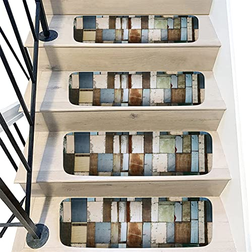 JLCP Waschbarer Treppenmatten rutschfest Vintage Holzmaserung Innen Stufenmatten Mit Anti-Rutsch-Rückseite Weiches Polyester Treppen Teppichläufer Für Holzstufen,22X70cm,14PCS