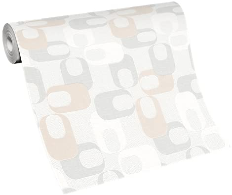 Erismann 10225-31 - Carta da parati in tessuto non tessuto anni '70, motivo retrò, beige bianco e grigio, finitura glitterata