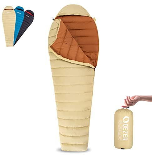 QEZER Ultralight Down Sleeping Bag for Adults 45-68 Degree F with 600 Fill Power, Compact Summer Sleeping Bag for Backpacking, Hiking and Camping