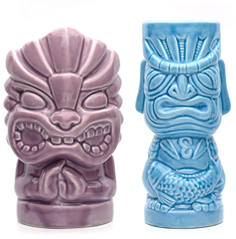 CKB LTD Tiki Lot de 2 grands gobelets colorés en céramique pour cocktail ou fête hawaïenne Bleu et violet