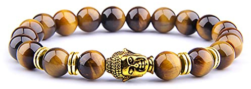 8 mm kungligt blå tigeröga armband män silverfärg Buddha huvud berlock armband kvinnor amulett Vinatge gul sten pärlor pulsera, gul tiger-1,19 cm