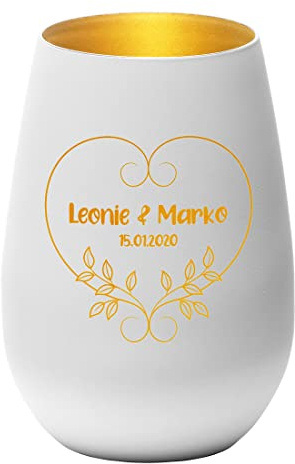 Glaskerzenhalter weiß-Gold mit personalisierter Wunschgravur - Motiv: Herz mit Blätter - Kristallglas Teelichthalter, Windlicht - für Hochzeit, Verlobung - Paare, Liebespaar - Liebe