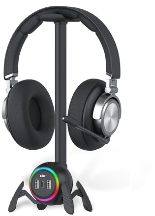 KIWIFOTOS Gaming-Kopfhörerständer mit 2 USB-Anschlüssen, PC-Gaming-Zubehör mit RGB-Licht für Spielzimmer, Headset-Halterung für Gamer, Schwarz