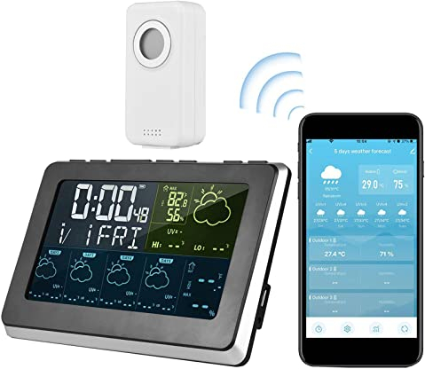 RANRAO Smart LCD Digitales Thermometer Hygrometer Wetterstation mit Uhr zum Aufhängen Innen- und Außenbereich APP Steuerung Temperatur Luftfeuchtigkeit Messgerät für Gewächshaus Zuhause Büro
