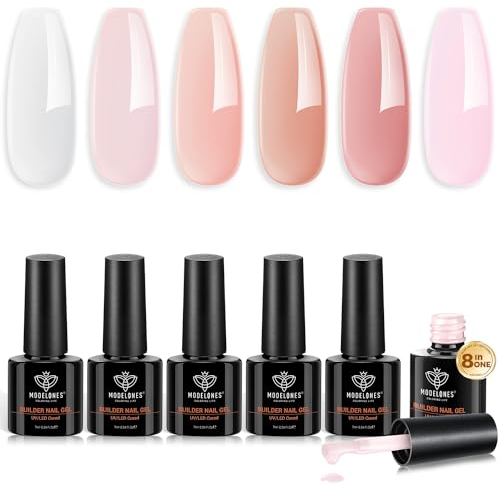 modelones Gel Construction Ongle UV, 8-in-one Builder Gel, Rosa Blanc Vernis Semi Permanent Kit, Gummy Base Pose Americaine Extension et Modelage pour Rubber Base Faux Ongles Nail Manucure Réparation