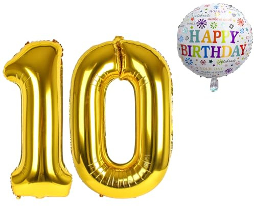 Luftballon 10. Geburtstag • XXL Riesen Folienballon SET • 101cm + 45 cm Ballon + 5M Deko Band • Folienballon 10 • Helium geeignet • Wiederverwendbar • Geburtstagsdeko Jungen Mädchen Zahl Ballon 10